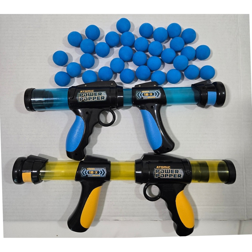 Hog Wild Atomic Power Popper 12X Foam Ball Blaster Toy Set 2 Blue Ammo Balls
